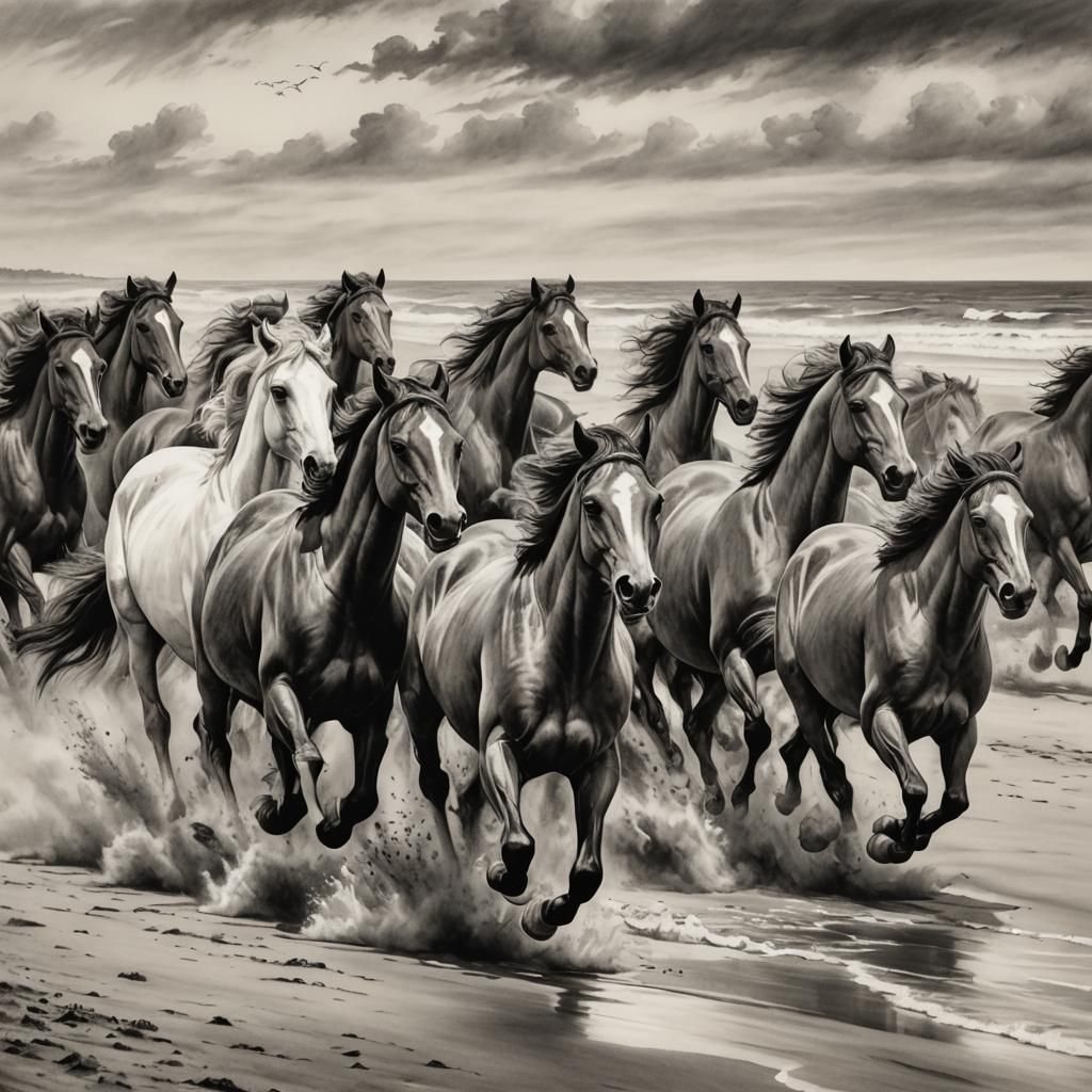 Wild Horses Gallop: Hyperdetailed Charcoal Beach Scene