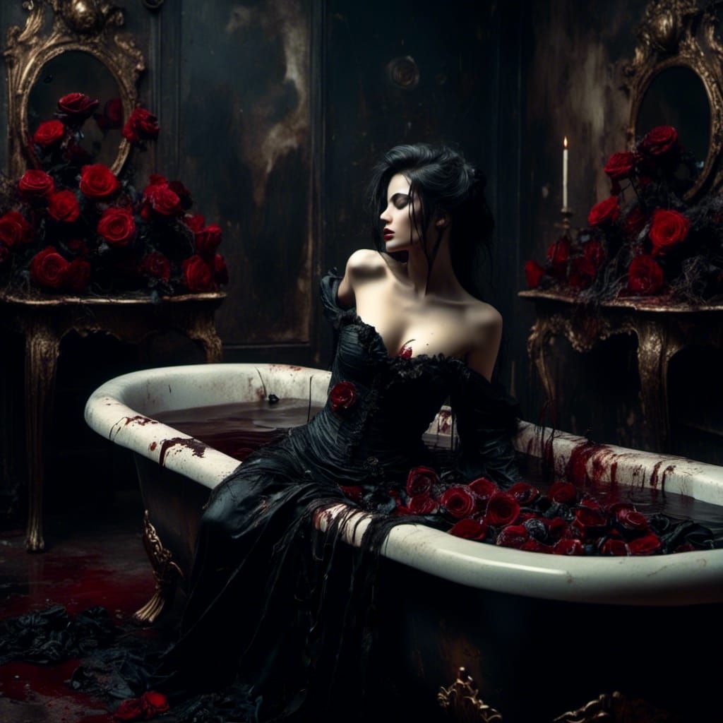 Gothic Woman in Black Roses Bath, Oil Painting