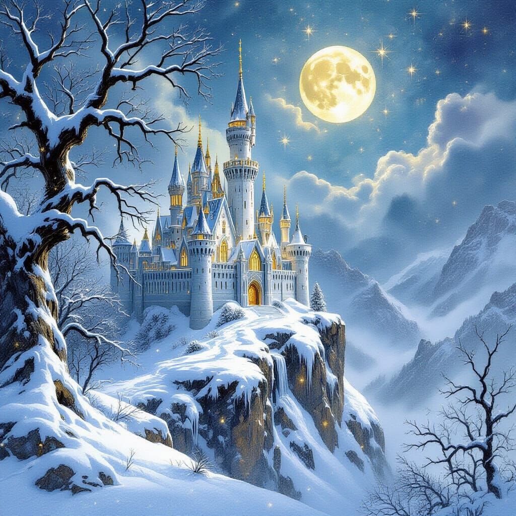 Majestic Snowy Castle in Gothic Style with Moonlit Fantasy L...