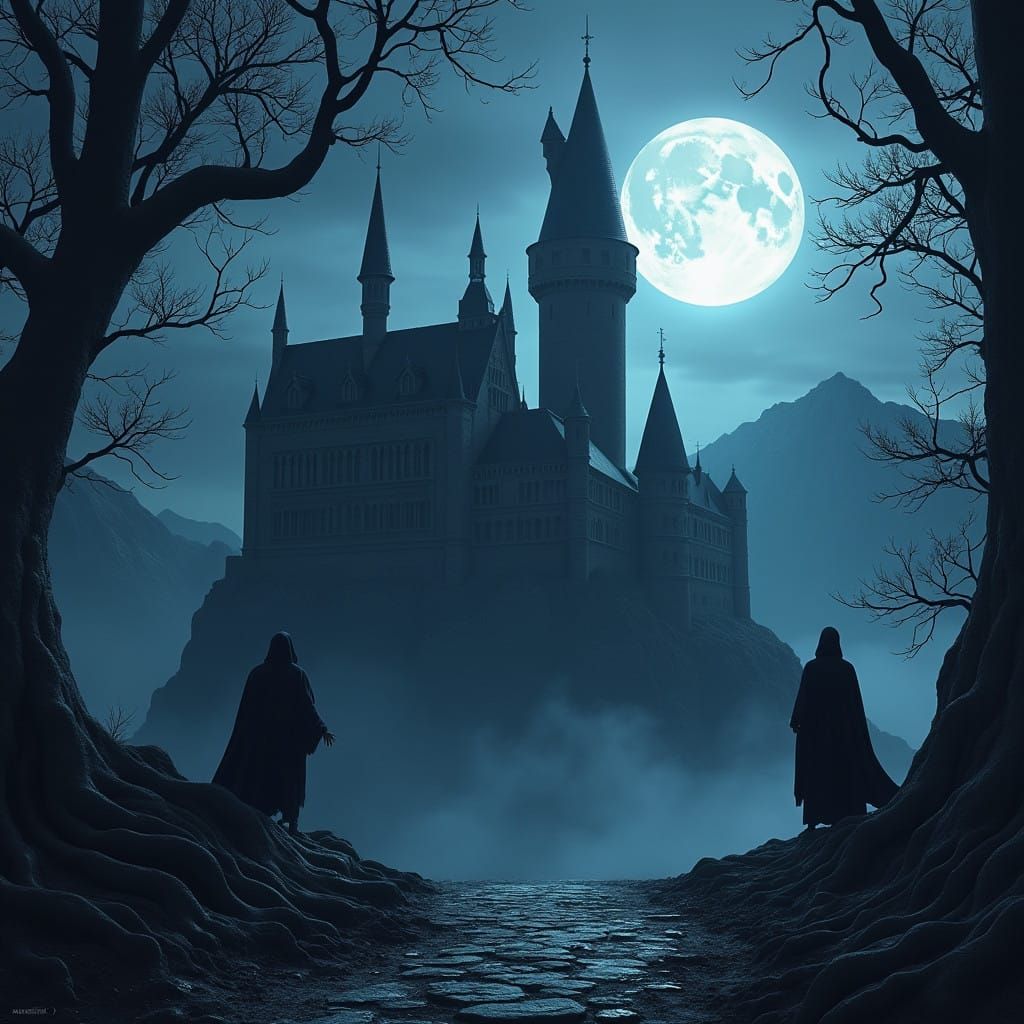 Medieval Castle Under Dark Moonlit Sky