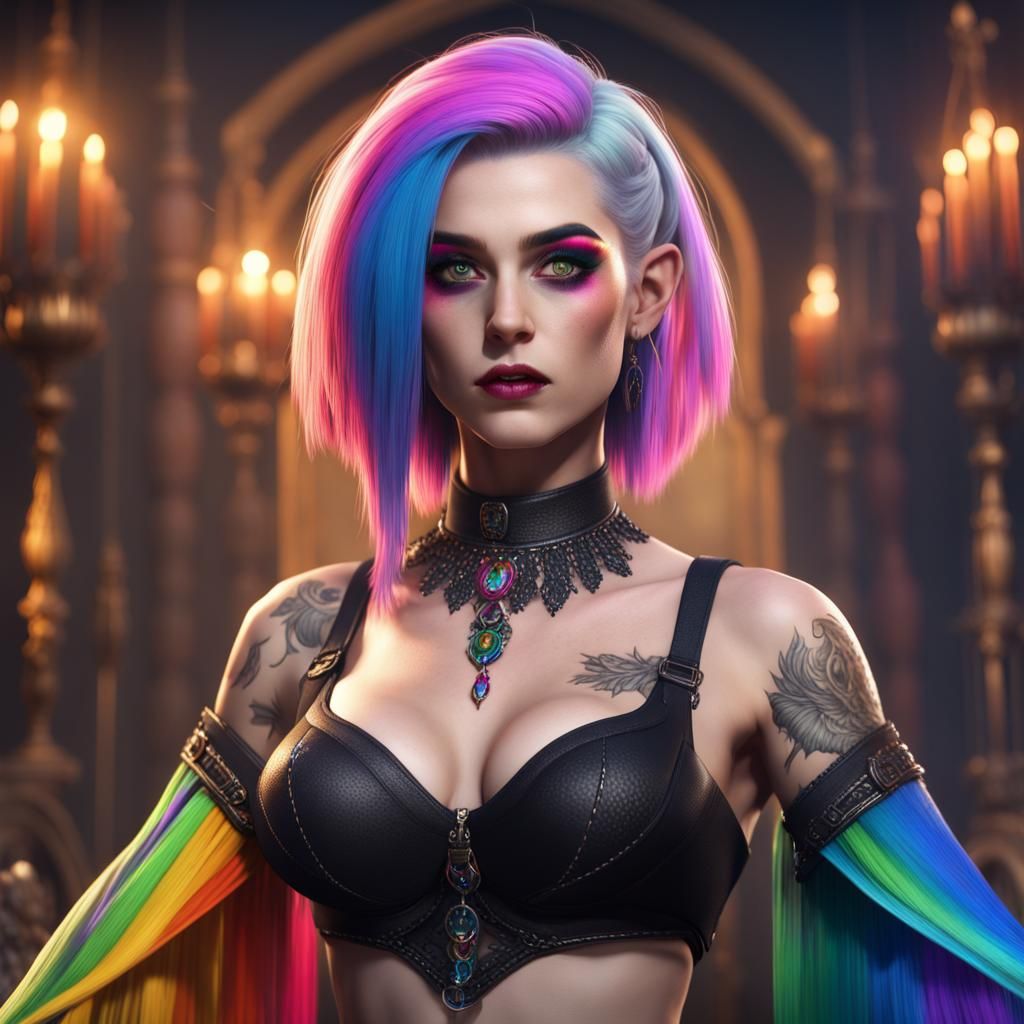 Goth Girl Zenia with Rainbow Hair, Digital Matte Painting