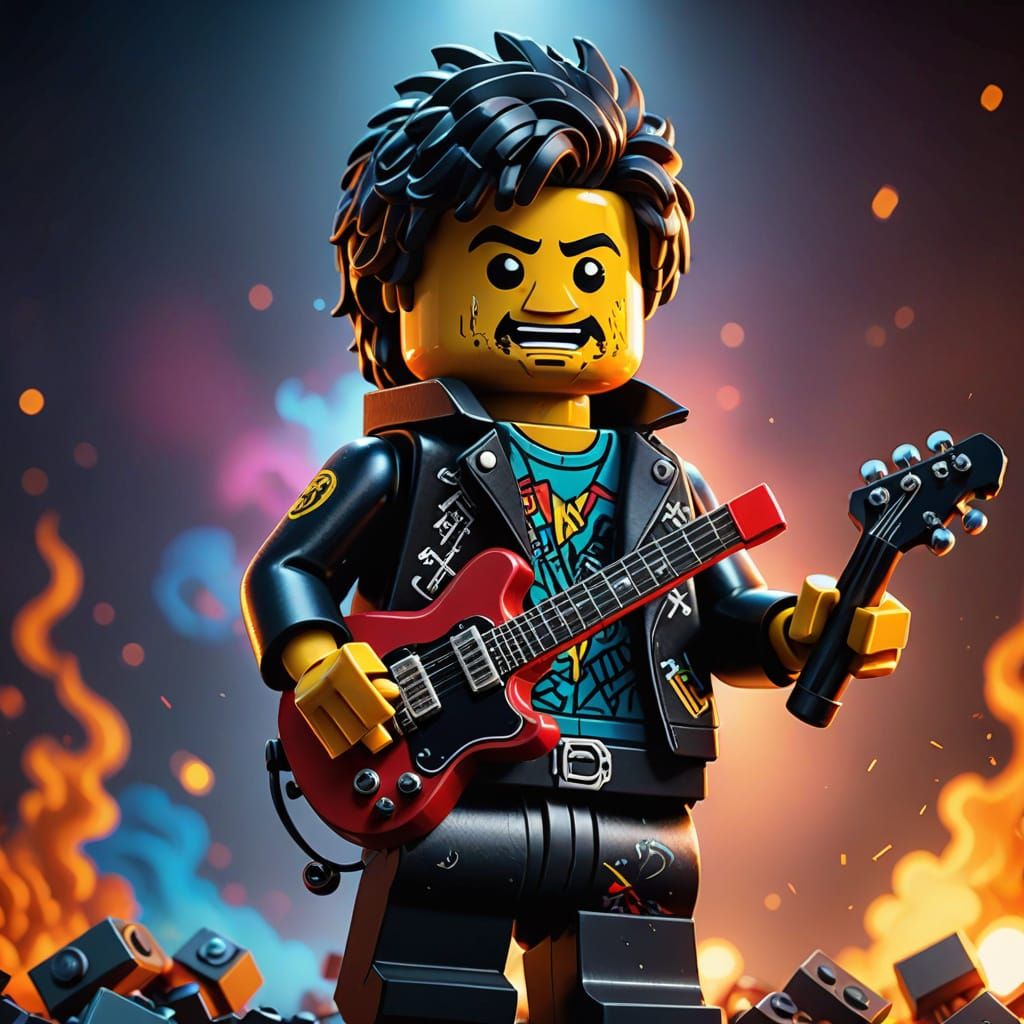 Rockstar Minifigure in Vibrant Pixel Art Style