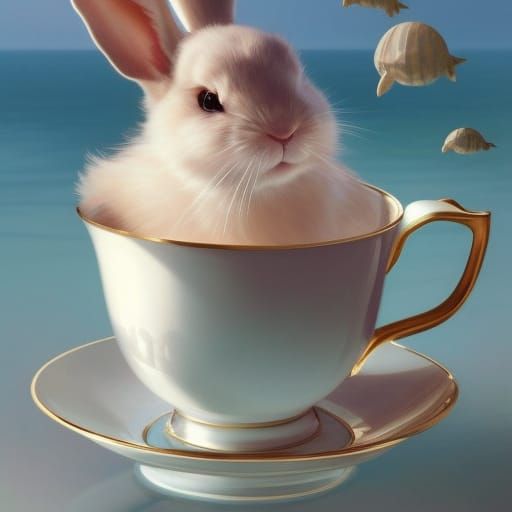 Rabbit in Teacup with Ocean View, Digital Art