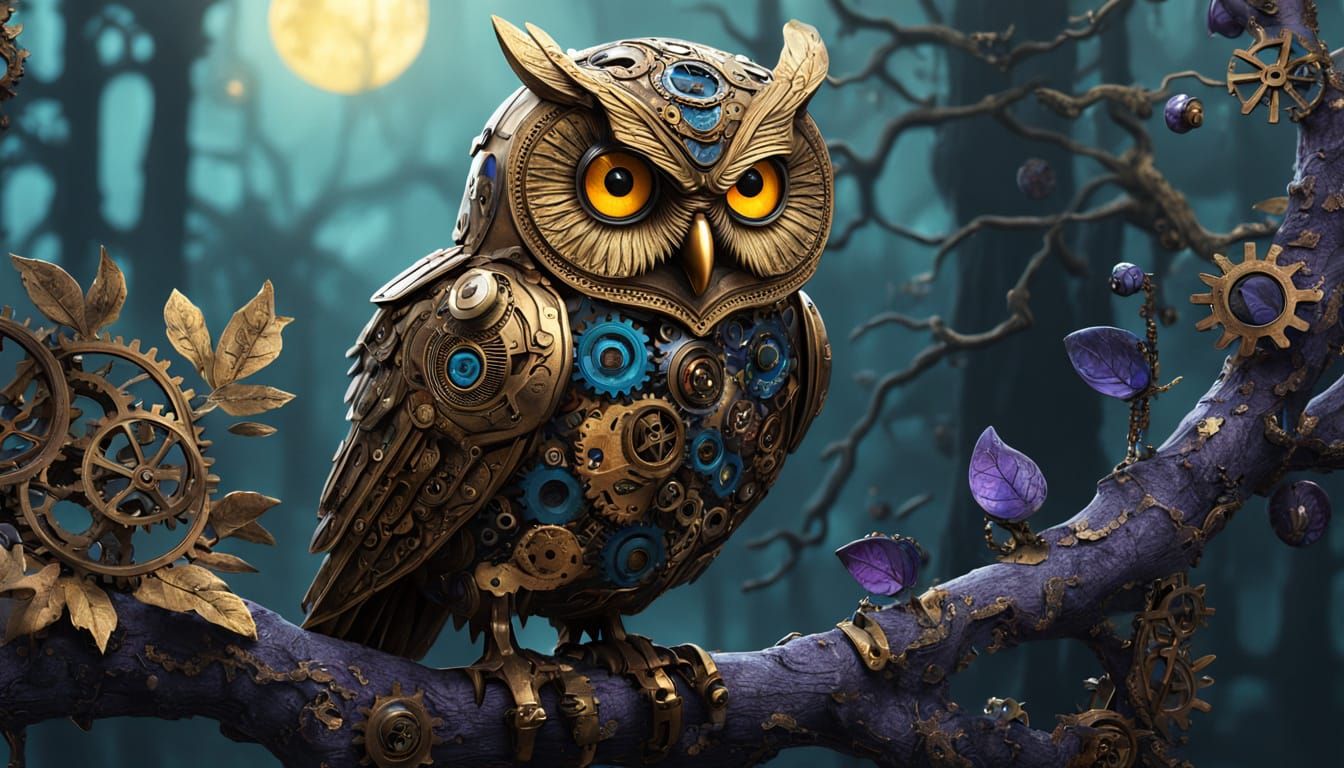 Steampunk Owl with Golden Eyes in Misty Forest