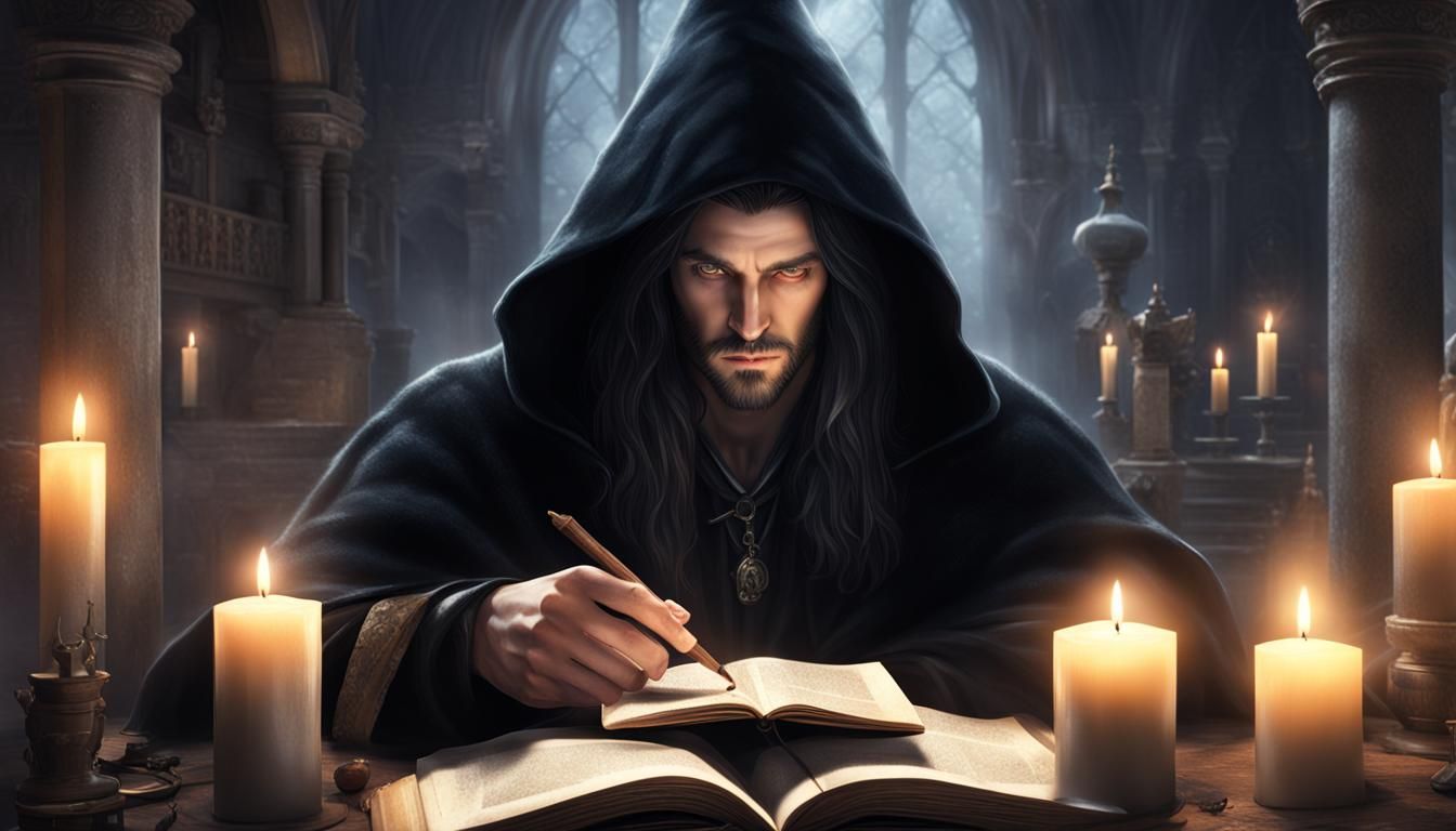 Photorealistic Male Witch Reading a Spell Book