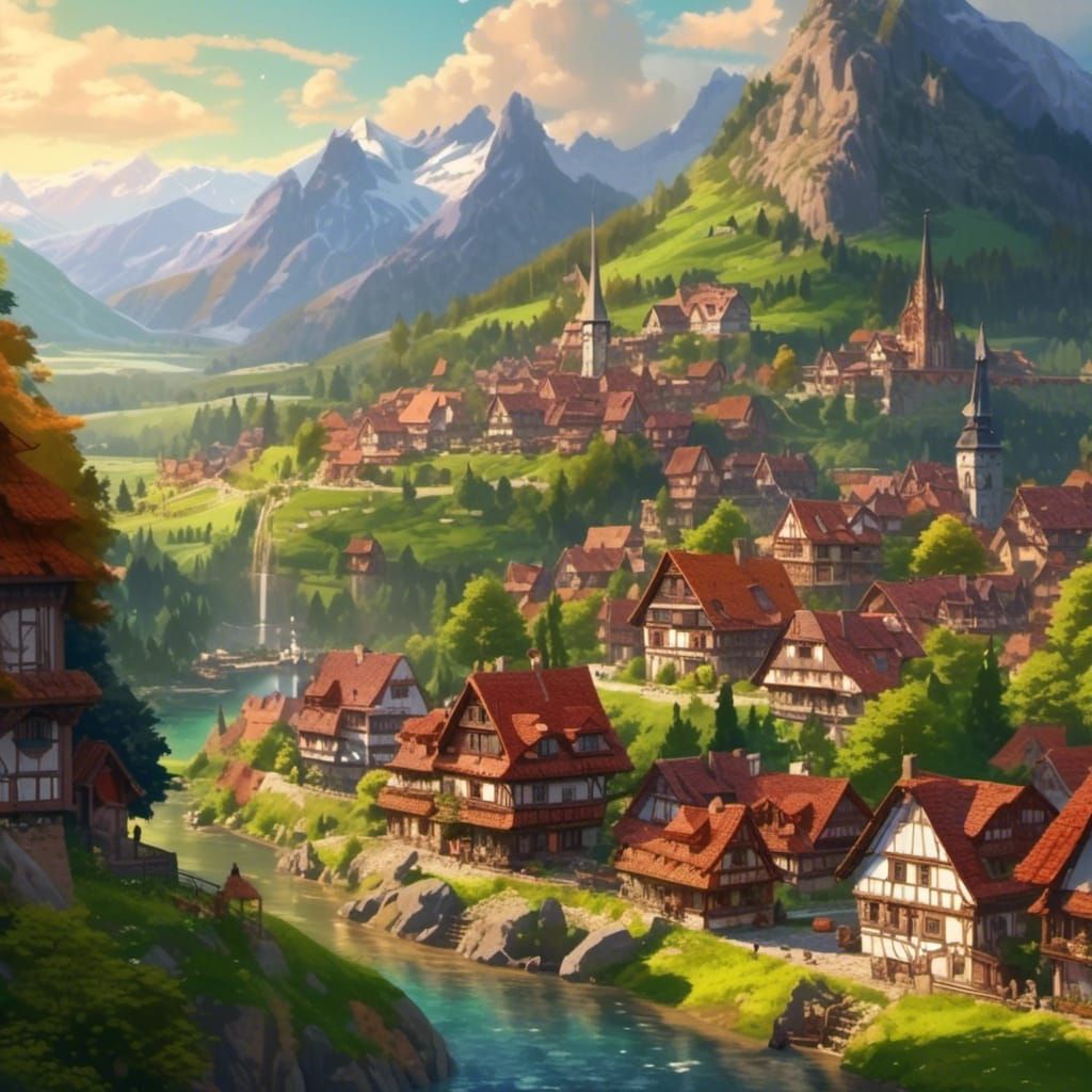 Dreamy Alpine Town Landscape in Detailed Digital Art