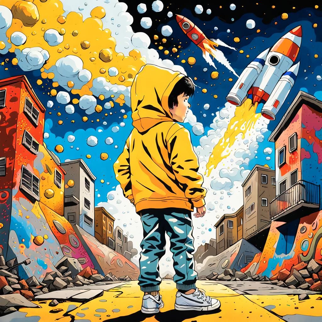 Child Gazing at Rocket Launch: Street Art Illustration