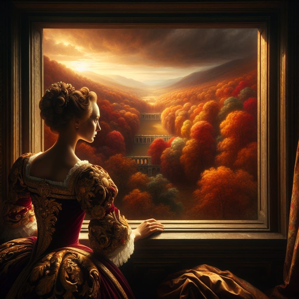 Baroque Woman Gazes at Autumn Landscape