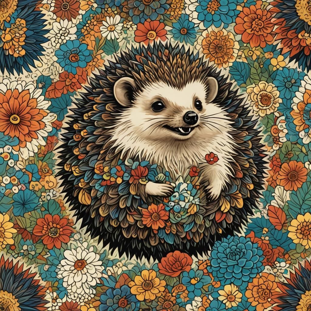 Happy Hippy Hedgehog in Hyperdetailed Style