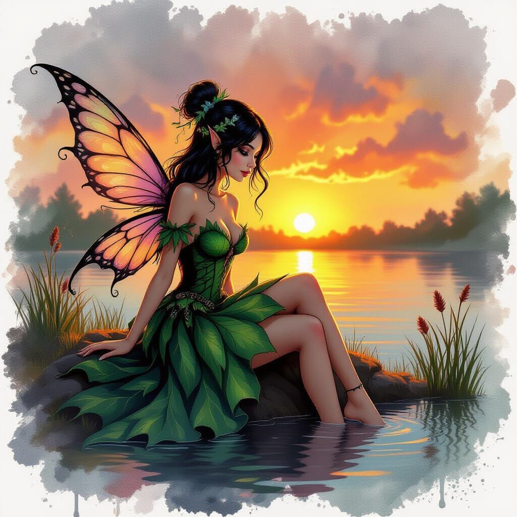 Gothic Fairy Soaking up Sunset in Ink Splatter Style