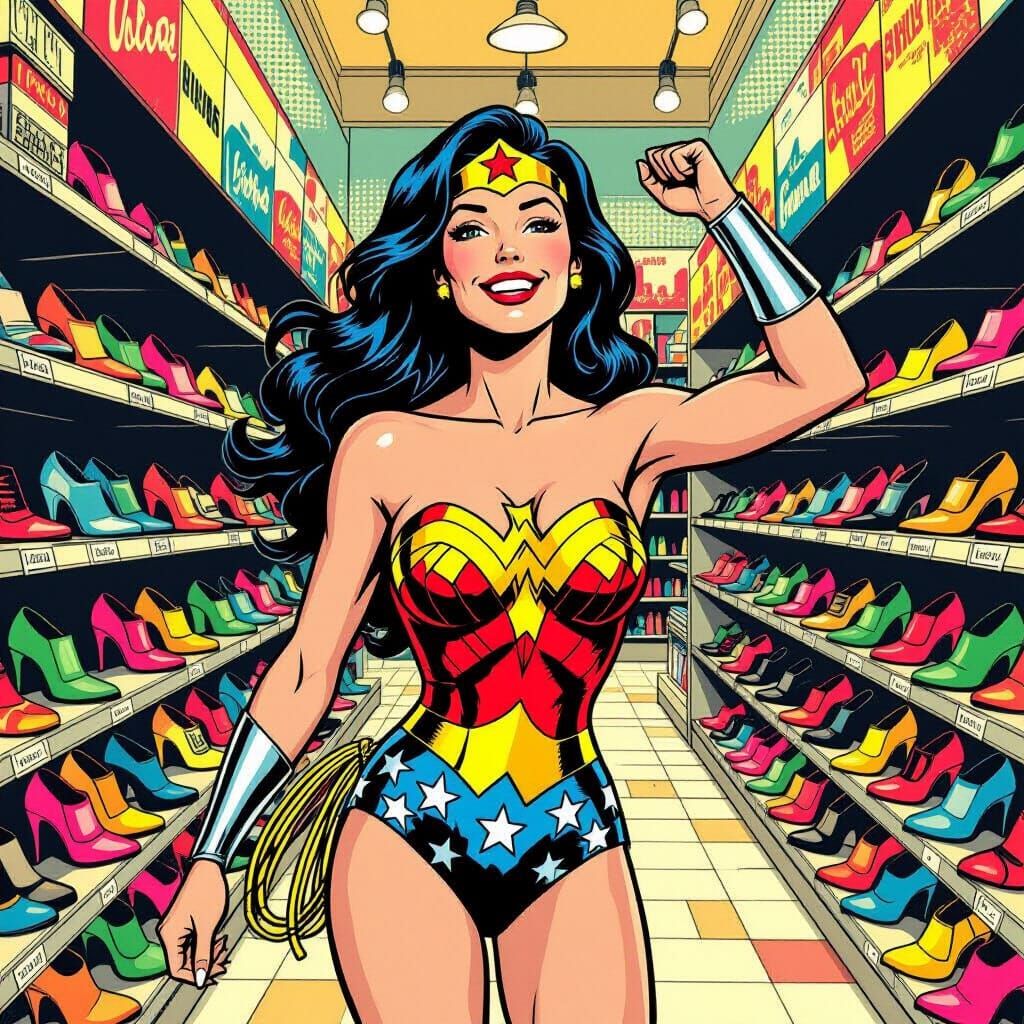 Wonder Woman Shopping for Shoes in Retro Comic Style