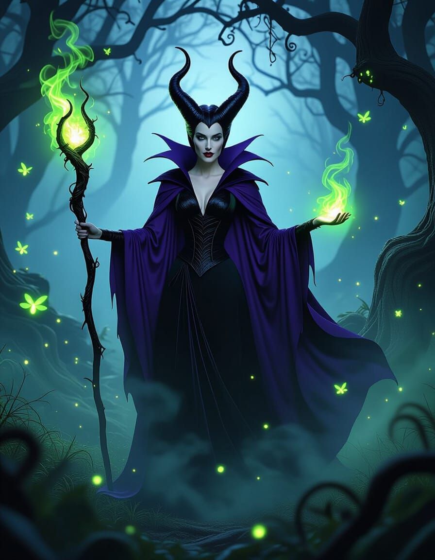 Maleficent in Enchanted Forest with Magical Fireflies