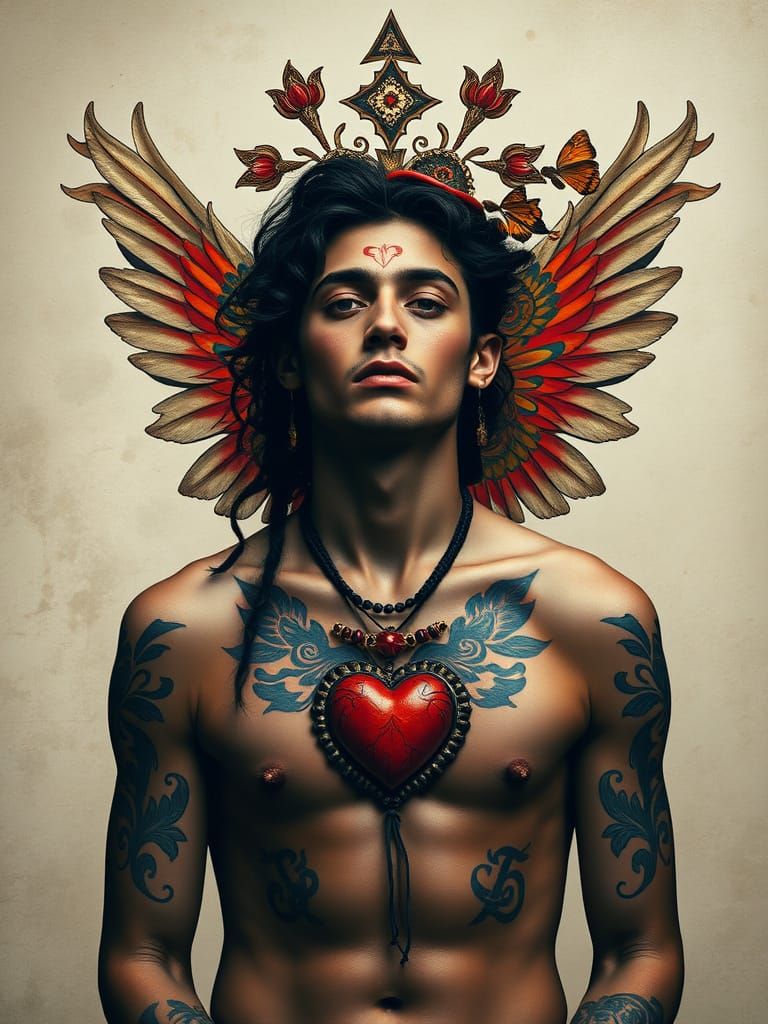 Ethereal Male Figure with Wings and Heart Tattoos
