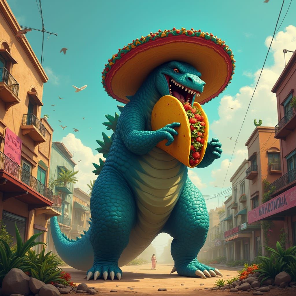 Godzilla Devouring Taco in Mexican Cityscape