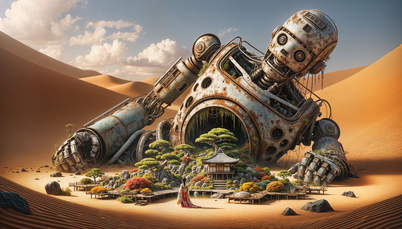 Surreal Geisha in Industrial Oasis