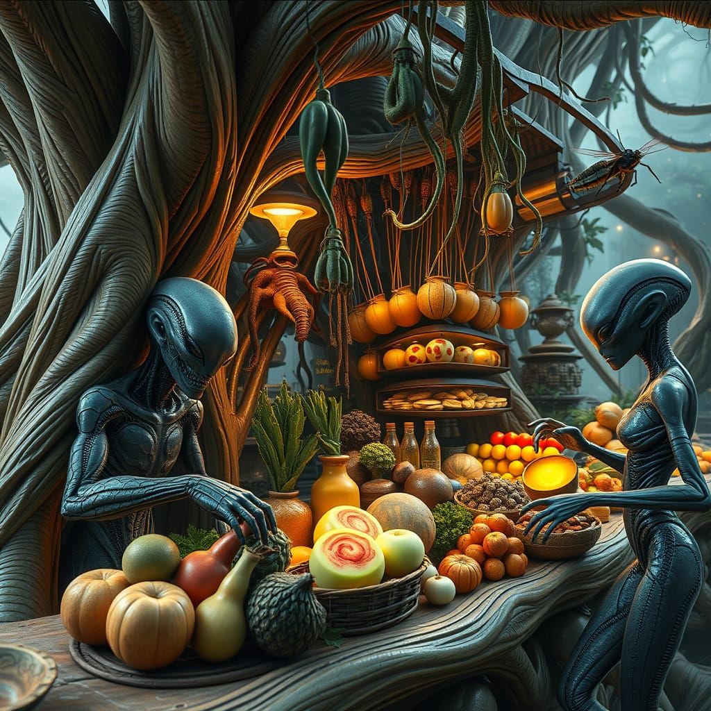 Bioluminescent Alien Marketplace in Living Tree