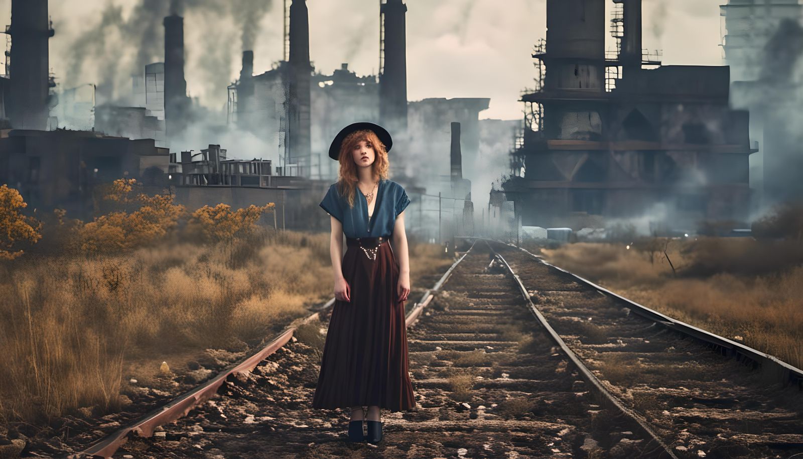 Ruined Urban Landscape with Smiling Woman