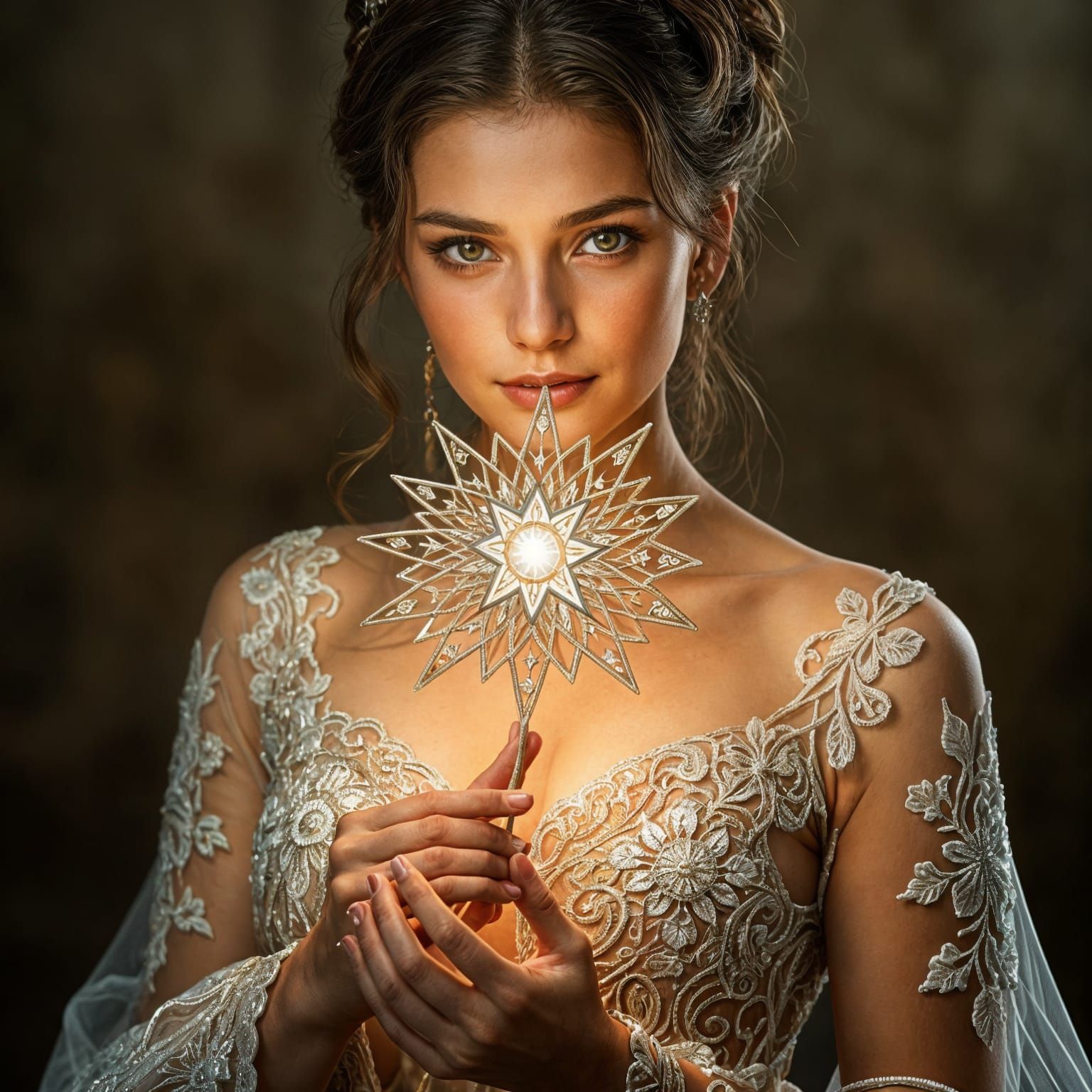 Beautiful Woman Holds Shimmering Star in Intricate Details