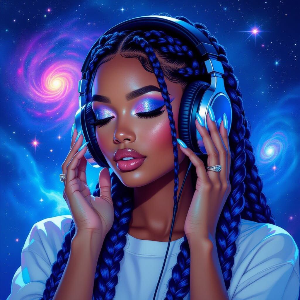 Woman with Cosmic Braids and Blue Nails Listening to Music