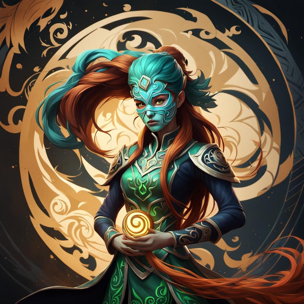 Windranger with Yin Yang Mask: Fantasy Art Nouveau