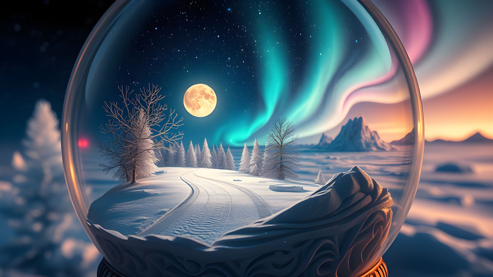 Winter Snow Globe with Aurora Borealis Landscape