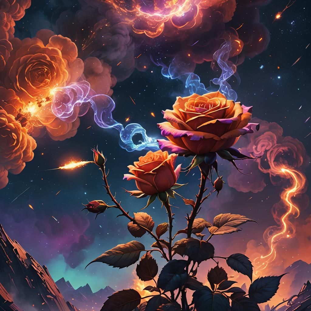 Cosmic Rose Ablaze in Space: Fantasy Art