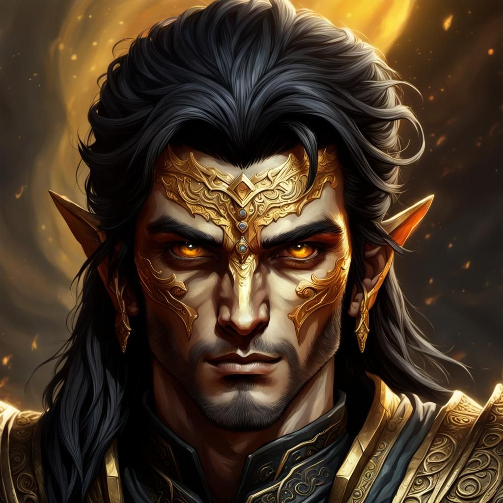 Hyperrealistic Dunmer Male Portrait with Golden Eyes