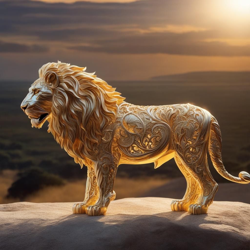 Butter Lion Sculpture with African Filigree
