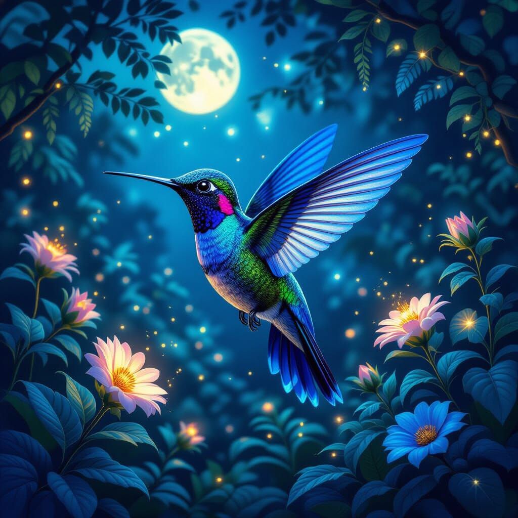 Bioluminescent Hummingbird in Moonlit Garden, Naïf Style
