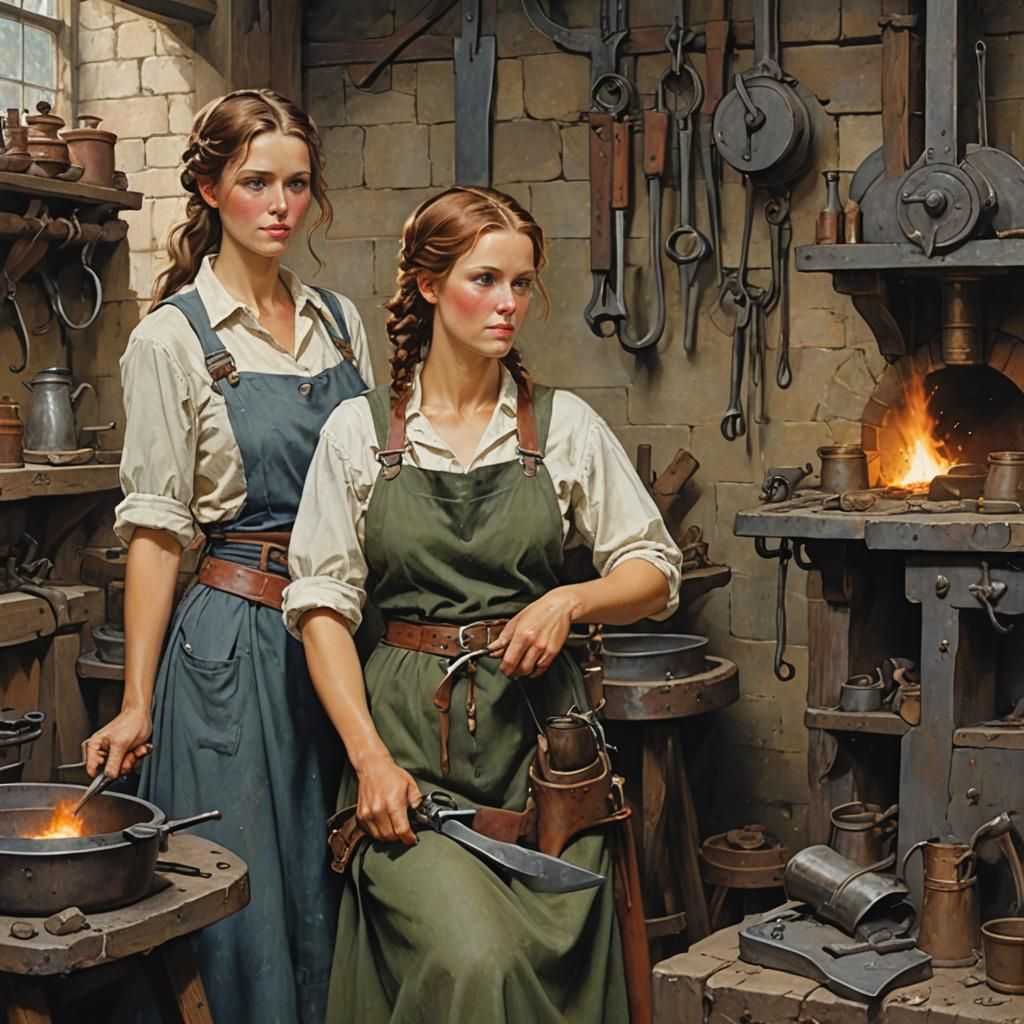 Two beautiful rohirric women visiting a blacksmith in the st...