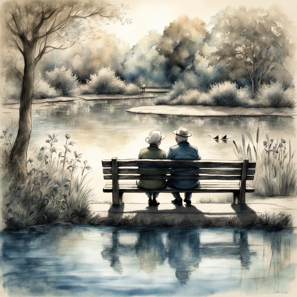 Couple Feeding Ducks: Hyperdetailed Charcoal Drawing