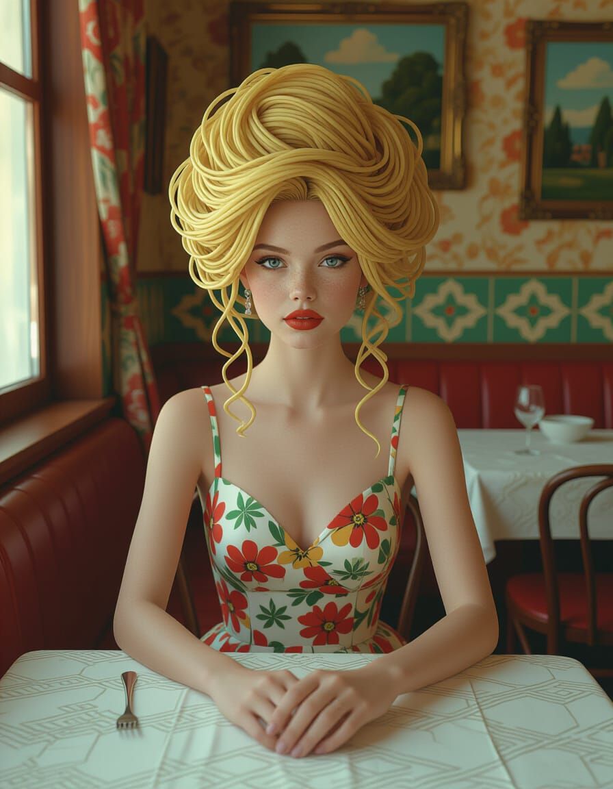 Spaghetti Hair Woman in Dreamlike Italian Scene