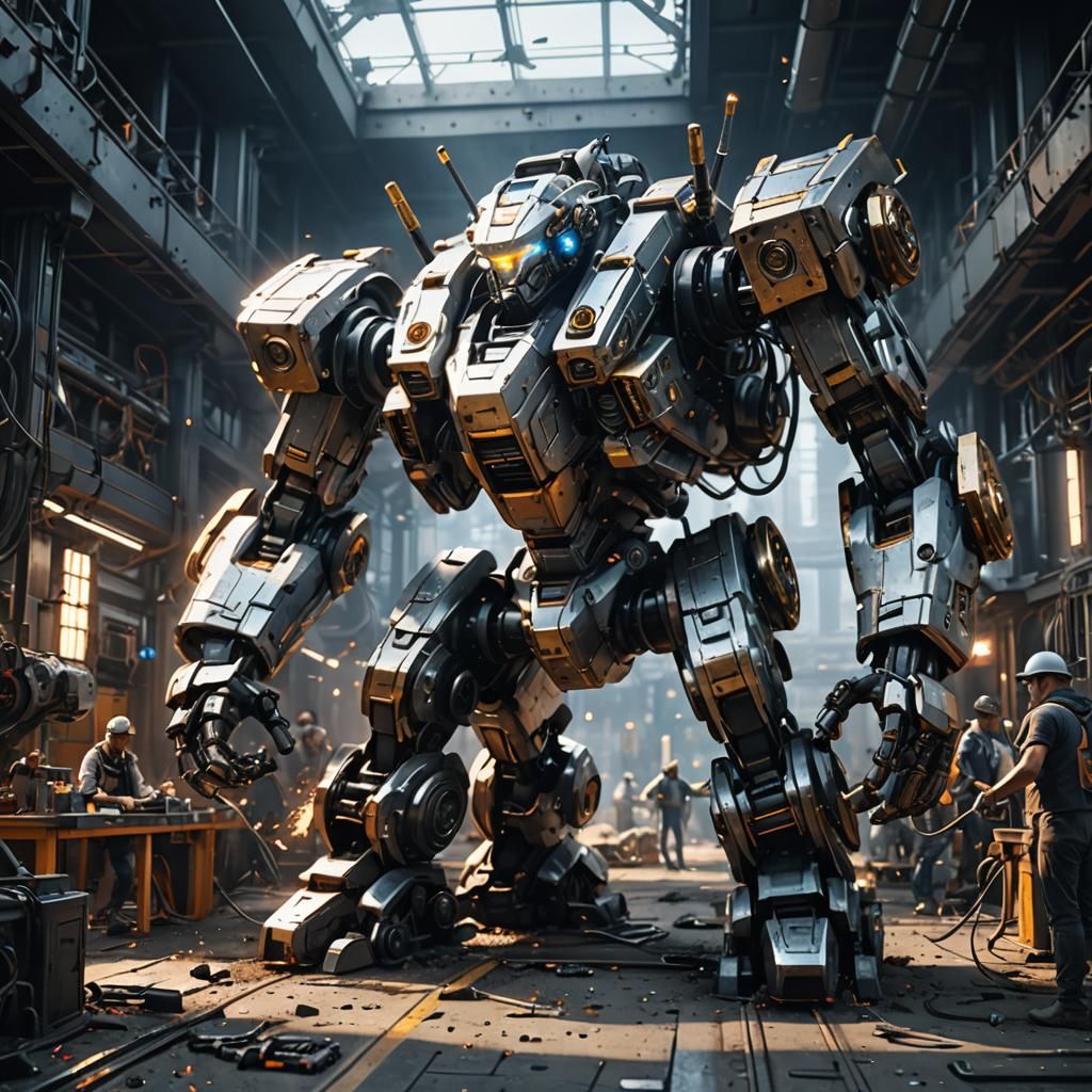 Engineers Welding Mecha Robot in Sci-Fi Scene