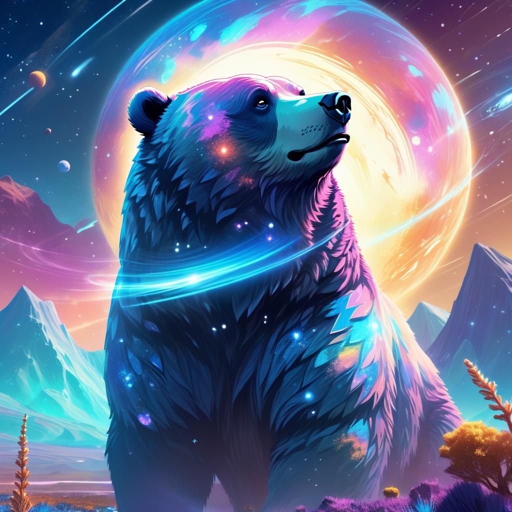 Cosmic Blue Space Bear in Vibrant Fantasy Landscape