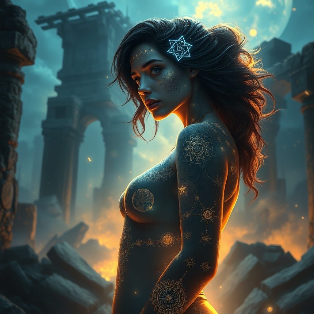 Woman With Celestial Tattoos in Ethereal Ruins