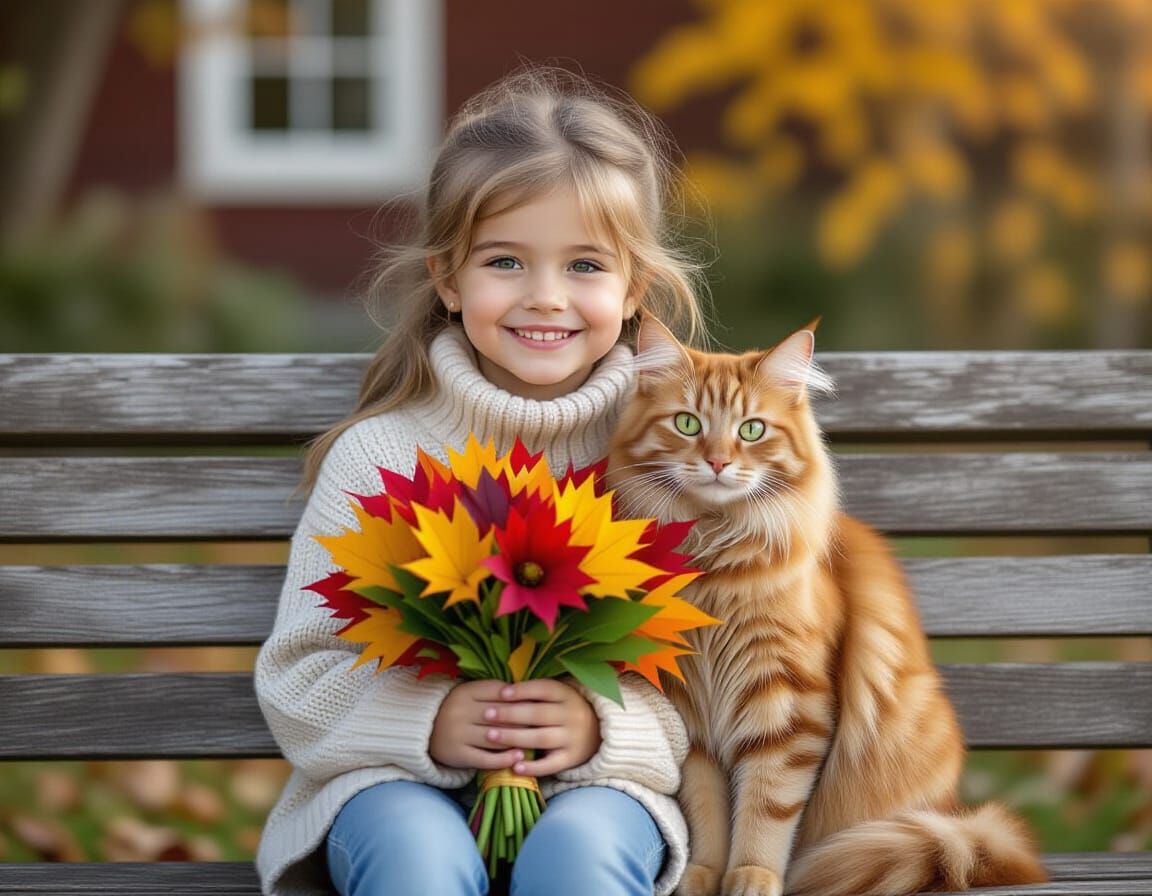 Girl with Cat and Autumn Bouquet, Hyperrealistic