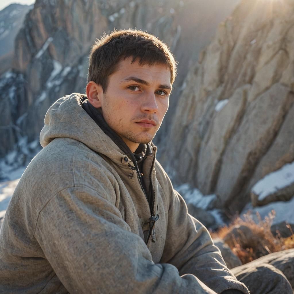 Contemplative Slavic Boy in Winter Mountain Landscape