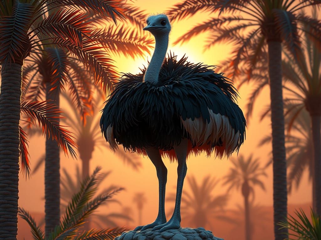 Majestic Ostrich Emerges from Vibrant Palm Tree Landscape