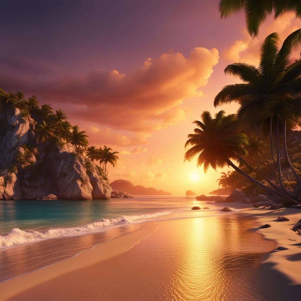Jamaican Beach Sunset: Detailed Matte Painting