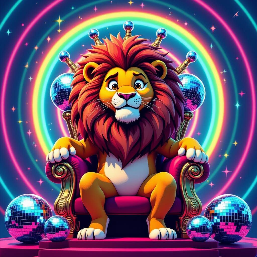 Majestic Lion on Disco Ball Throne in Pop-Art Style