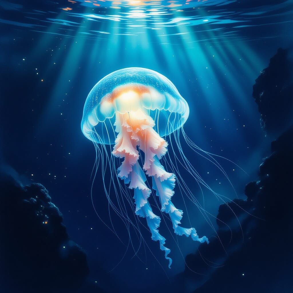 Ethereal Jellyfish in Bioluminescent Trench Watercolor