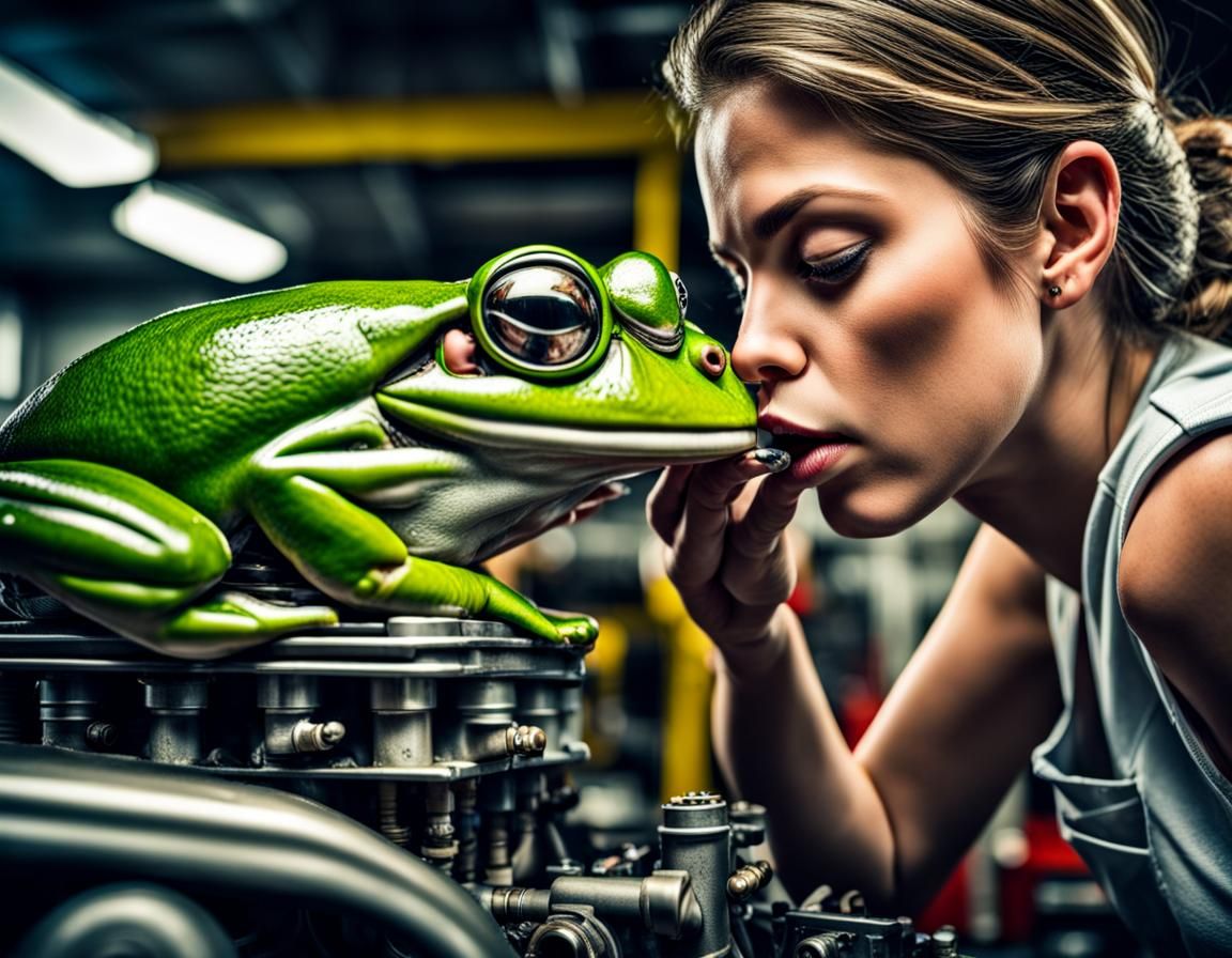 Princess Kisses Frog on V8 Engine: Hyperrealistic HDR