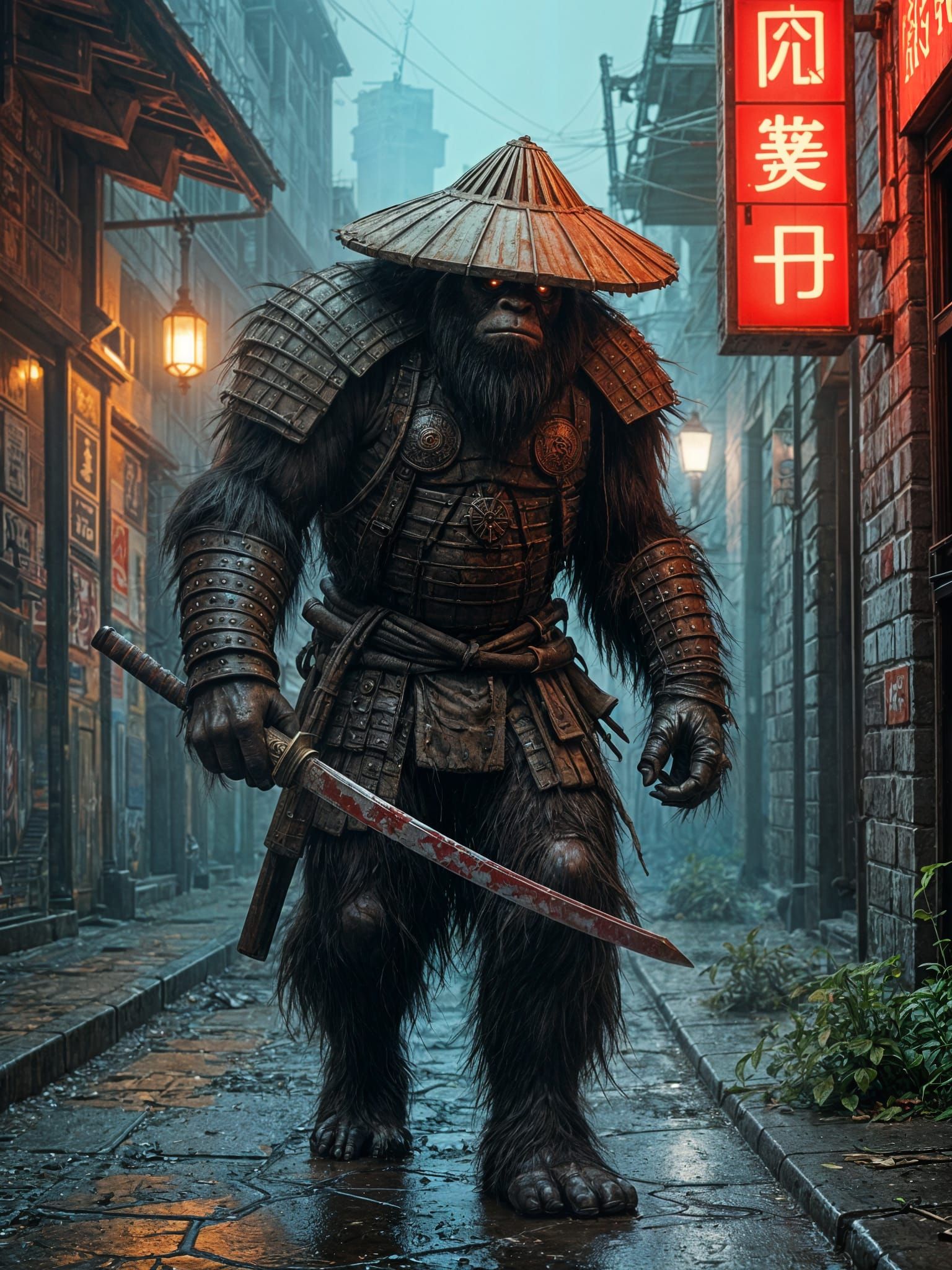 Feral Sasquatch Ronin in Cyberpunk Samurai Noir
