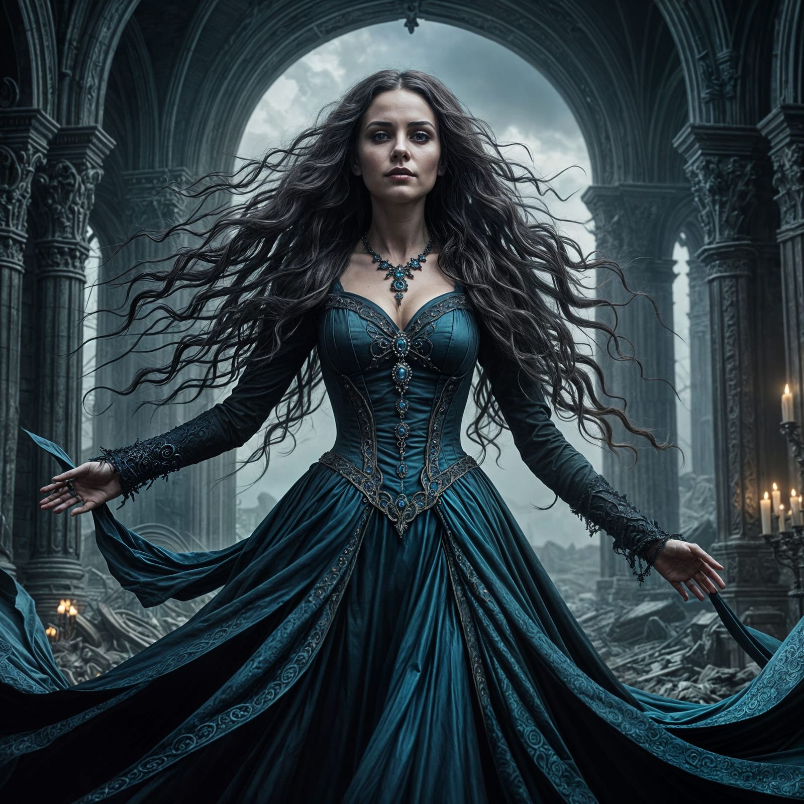 Gothic Woman with Cerulean Jewelry in Digital Painting