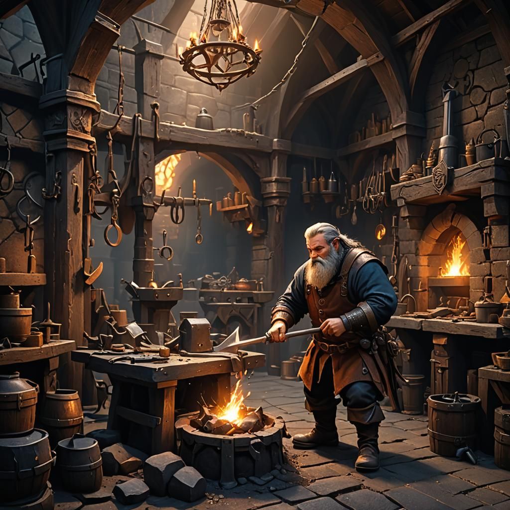 Dwarf Blacksmith at the Forge: Fantasy Concept Art