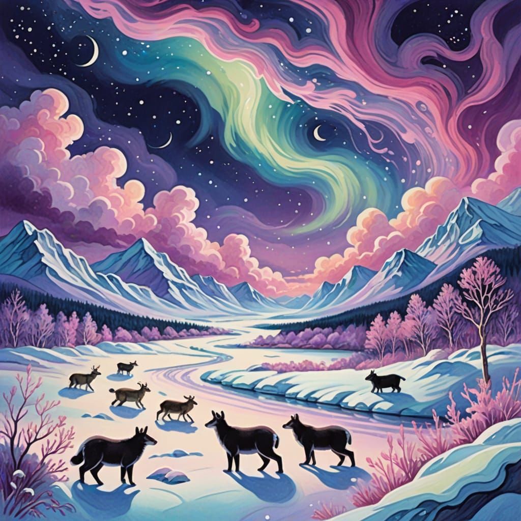 Whimsical Arctic Landscape in Gouache Style