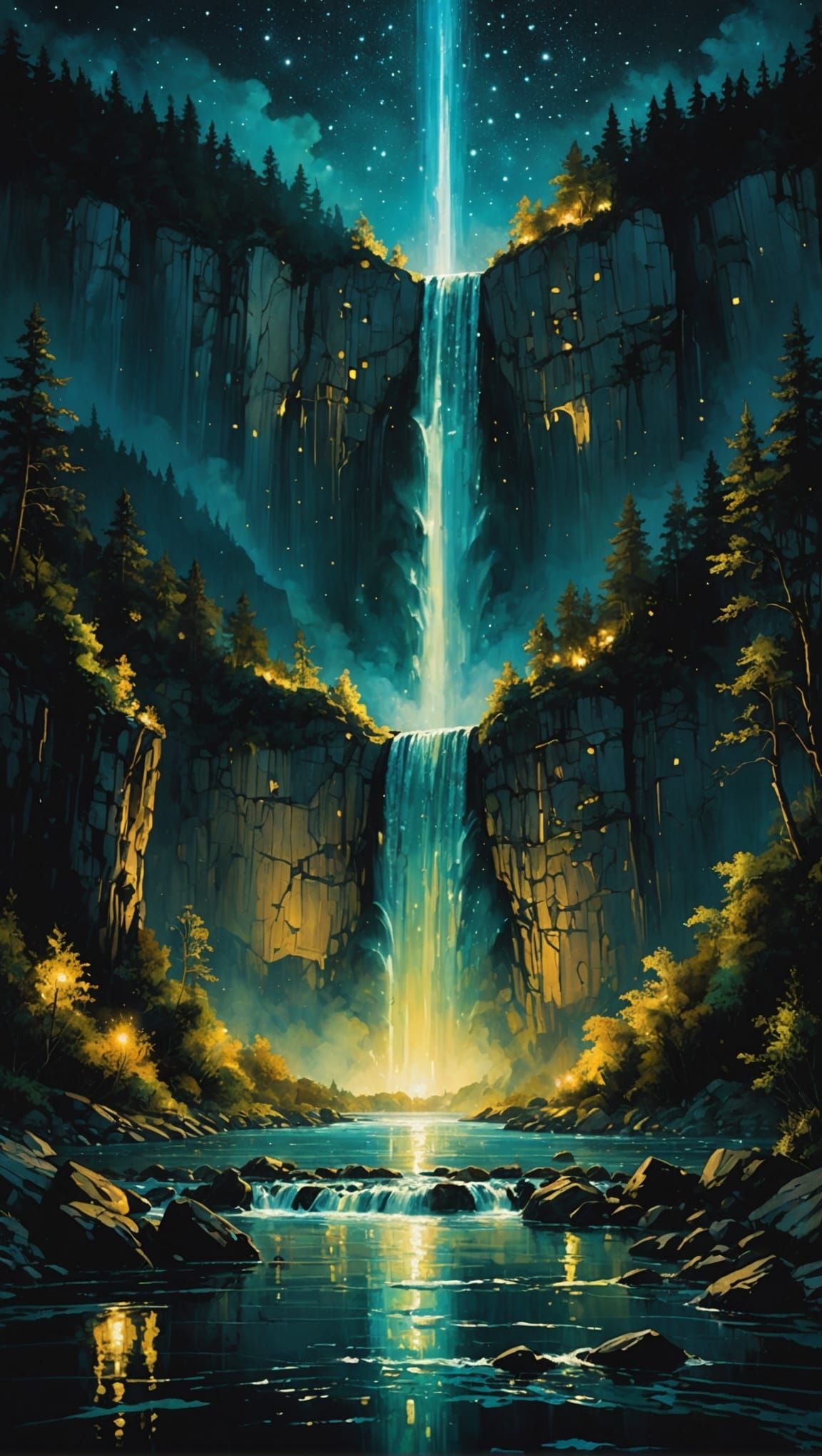 Sparkling Night Waterfall Painting