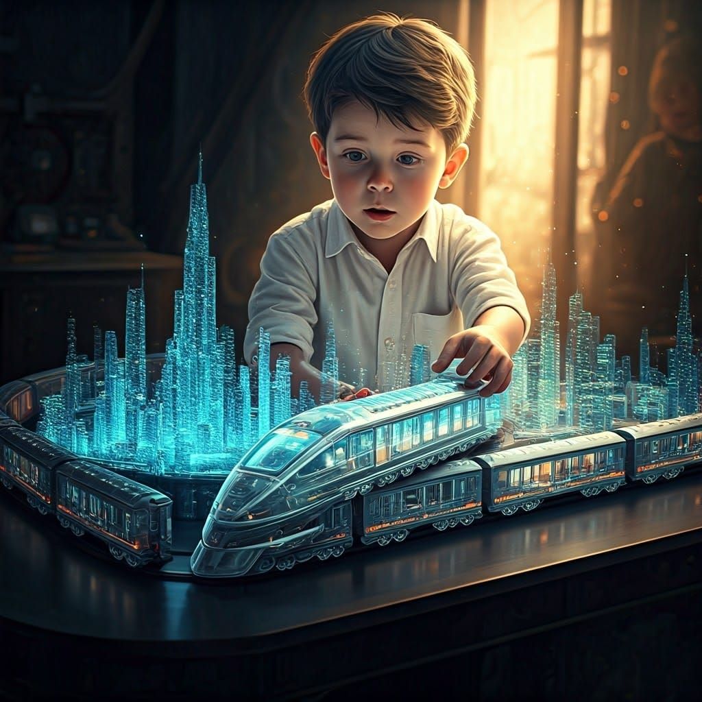 Boy Arranging Holographic Model Train in Dreamscape