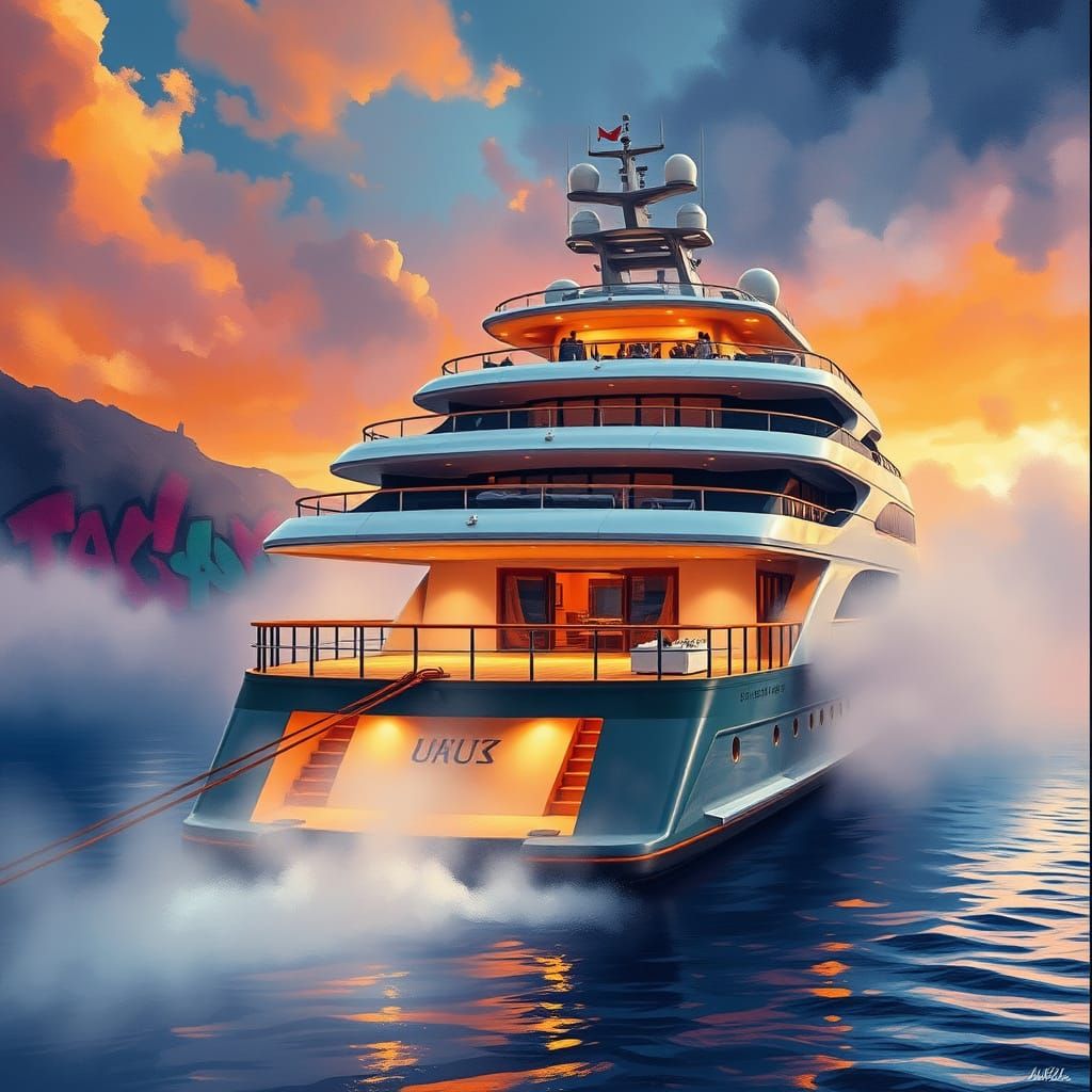 Ethereal Yacht Bridge in Gouache Style Watercolor Impression...