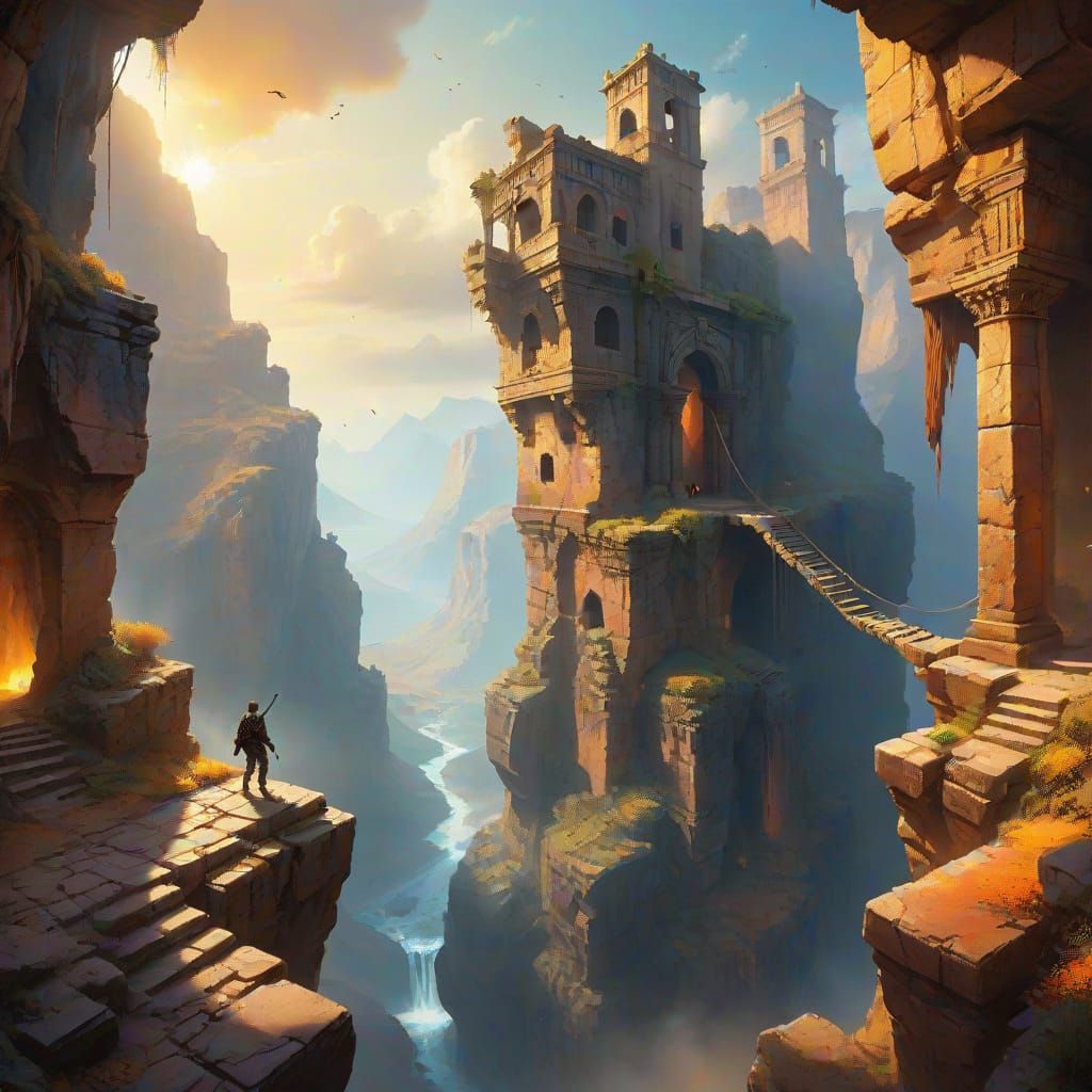 Adventurer Swinging to Crumbling Ruins, Fantasy Art